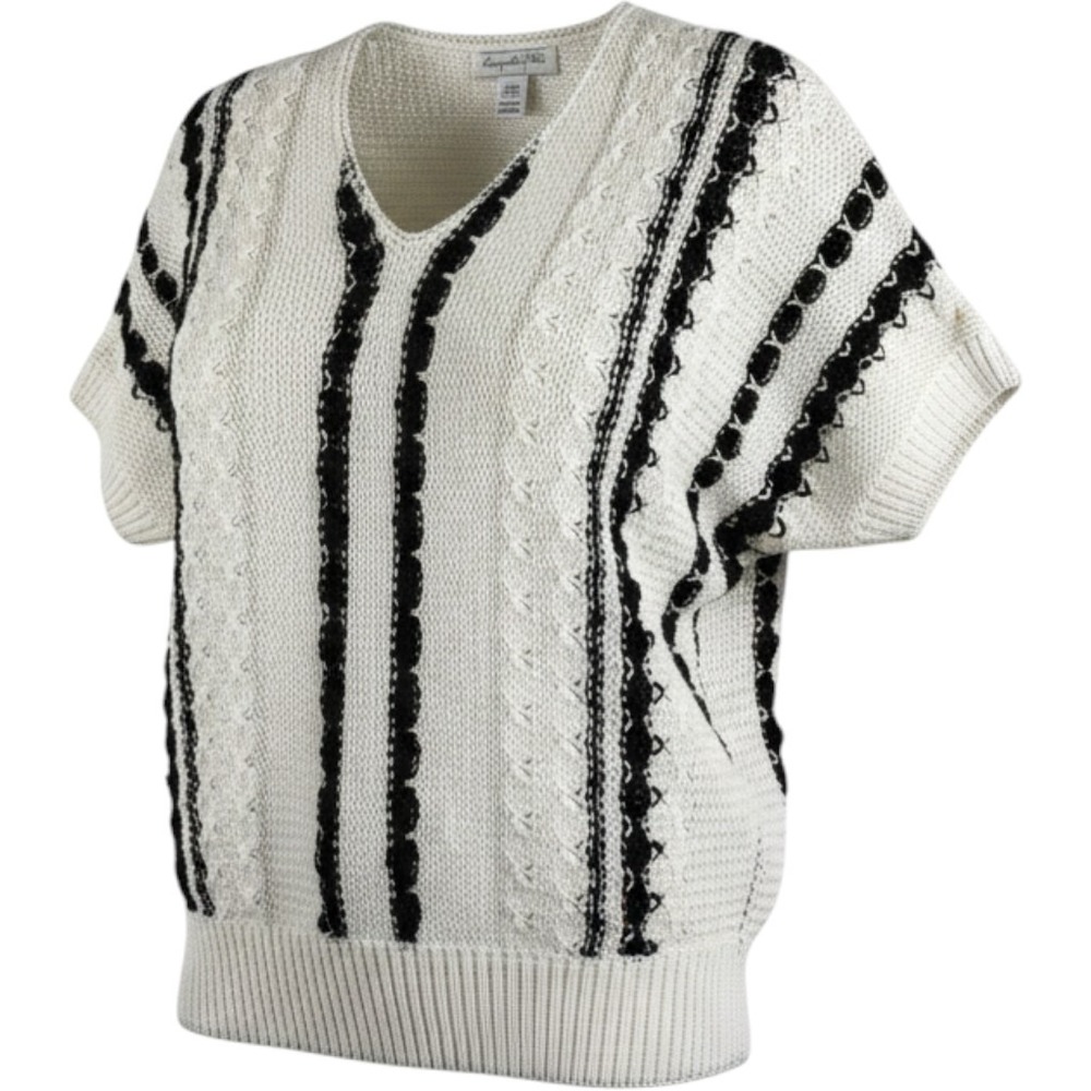 Margules Plus Vintage Short Sleeve Sweater Vest Vertical Stripe White Black